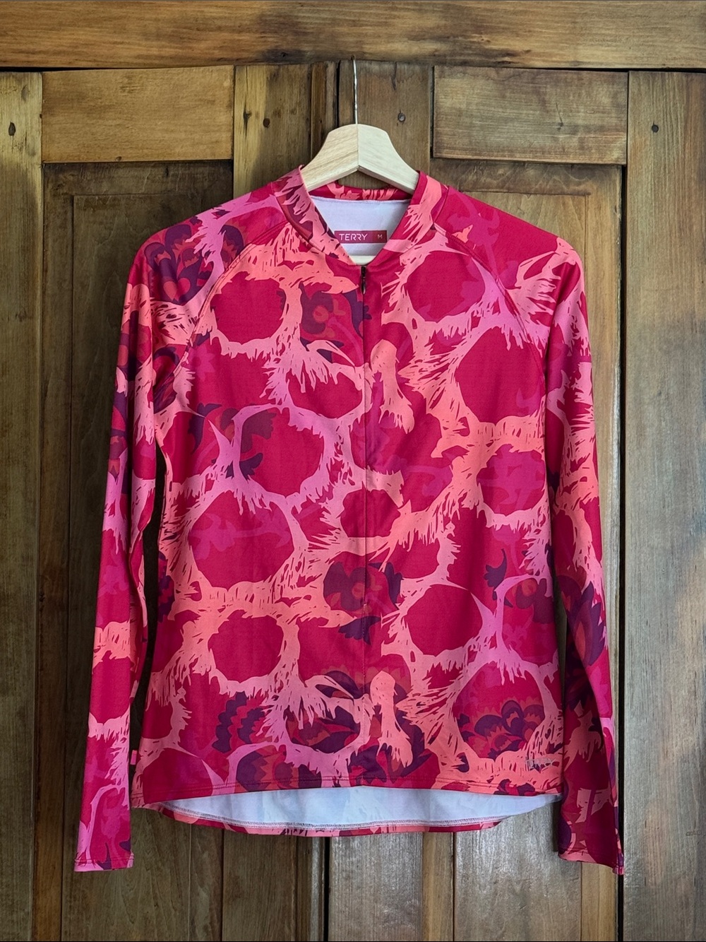 Terry Cycling M Pink Floral-Print Long Sleeve Zip Up Women's Top Athletic